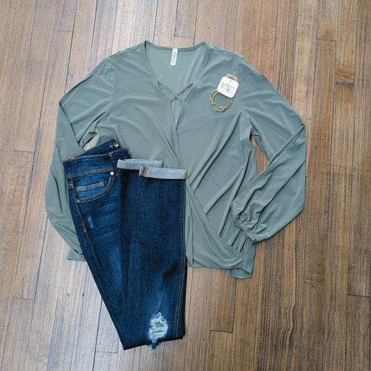 Olive Criss Cross Open Sleeve Blouse