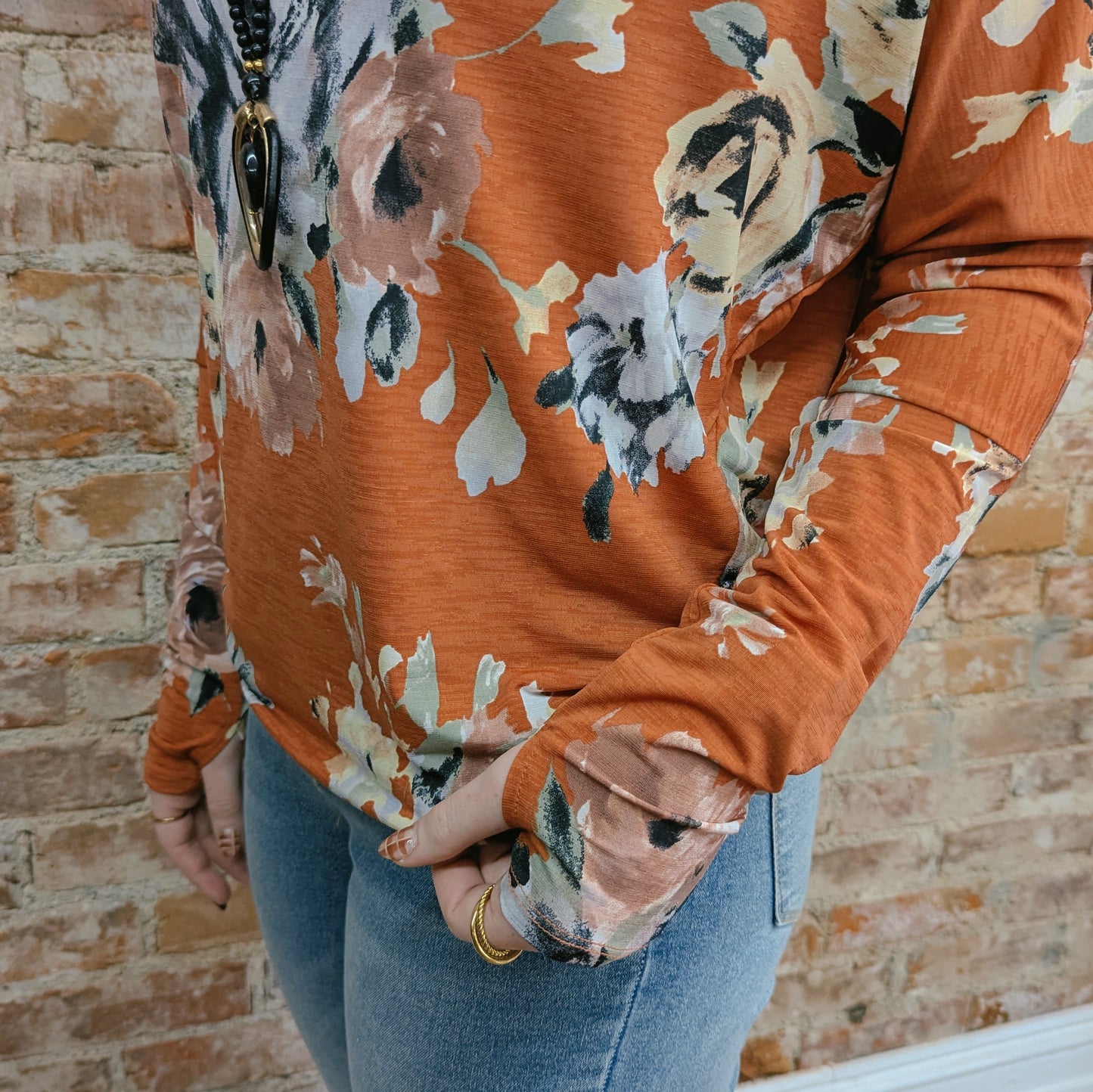 Orange Floral Long Sleeve Top