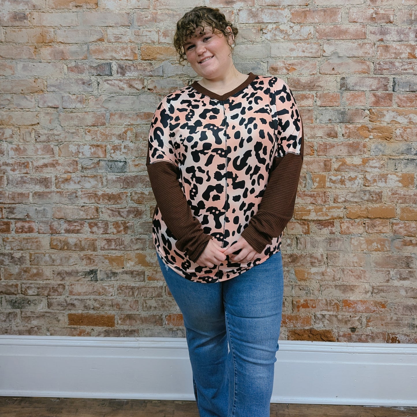 Waffle Knit Animal Print Top