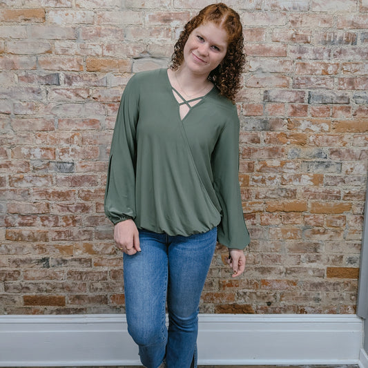 Olive Criss Cross Open Sleeve Blouse
