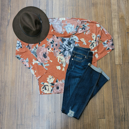 Orange Floral Long Sleeve Top