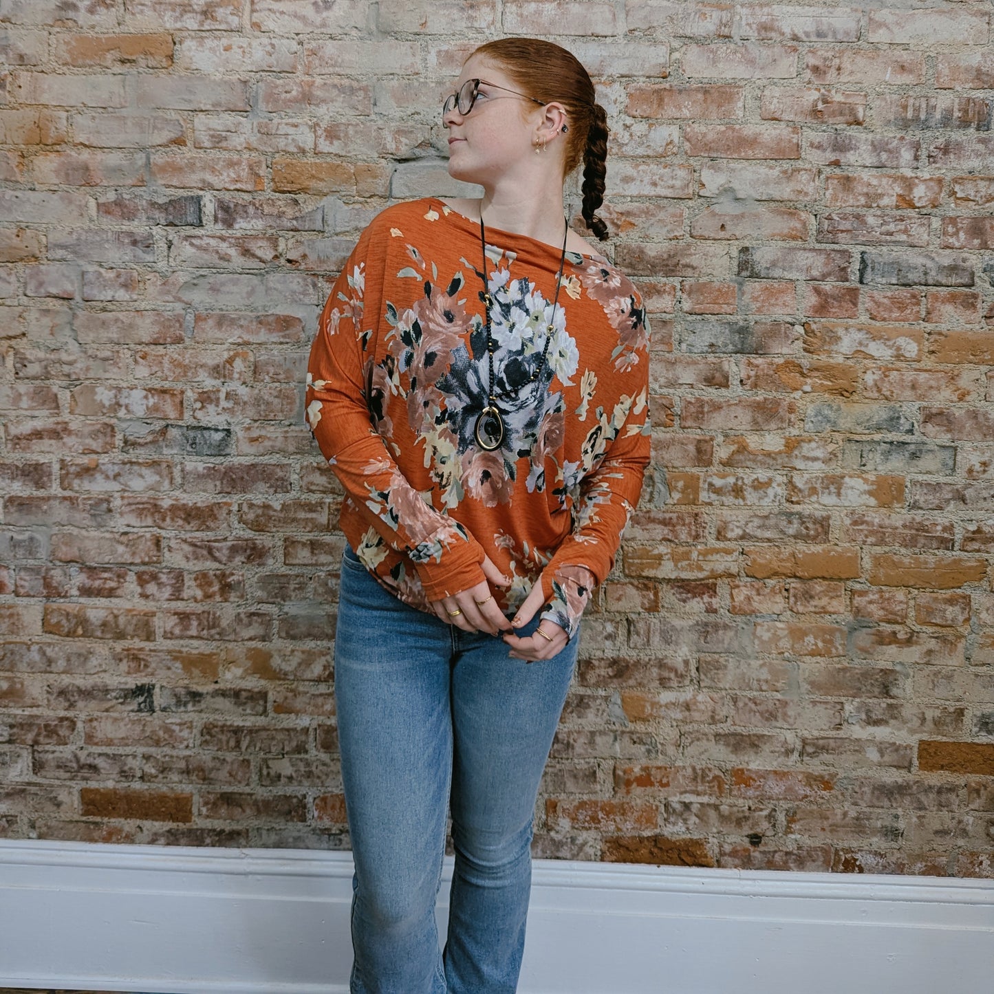 Orange Floral Long Sleeve Top