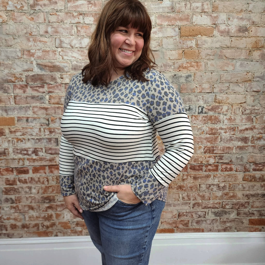 Striped Animal Print Colorblock Top