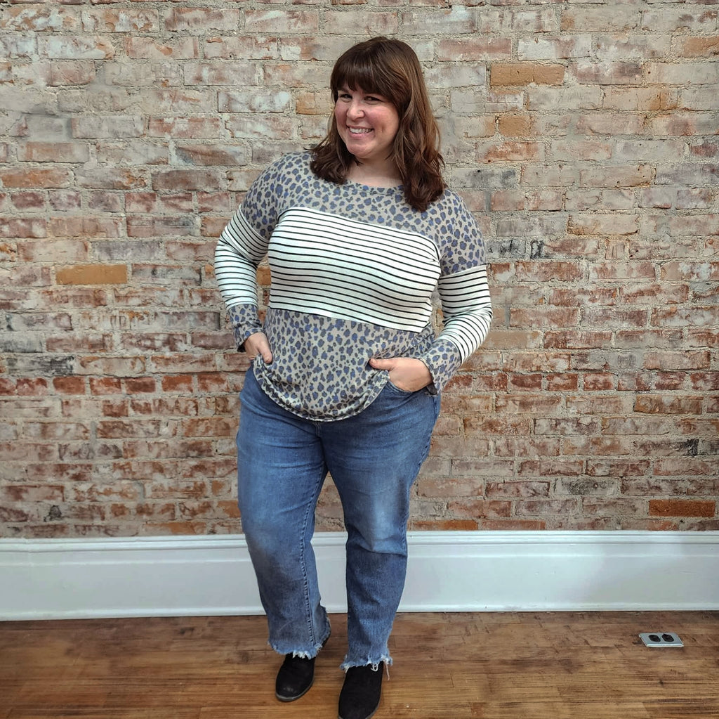 Striped Animal Print Colorblock Top
