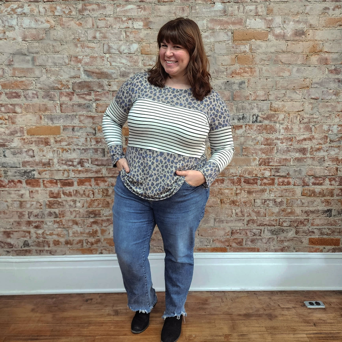 Striped Animal Print Colorblock Top