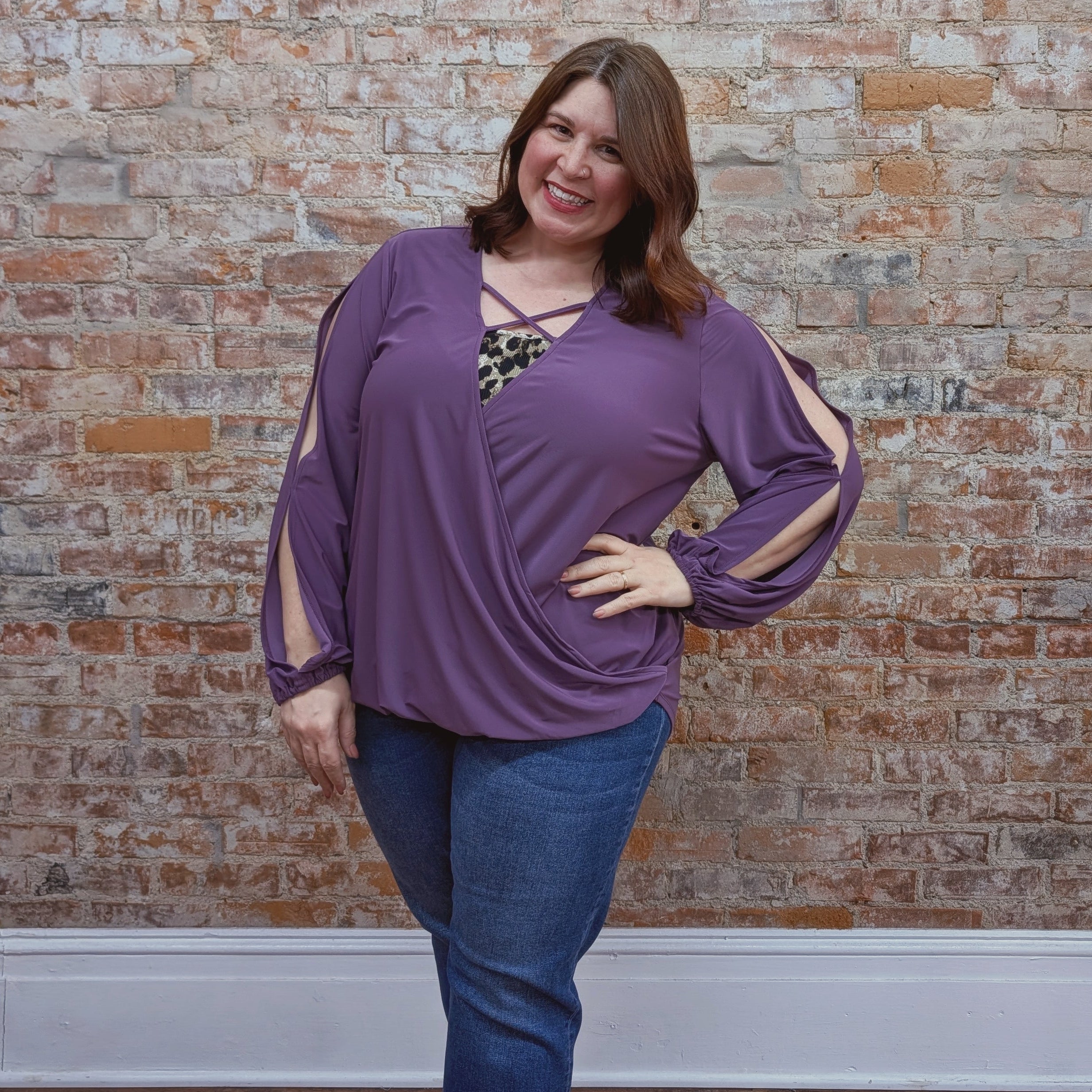 Purple Criss Cross Open Sleeve Blouse