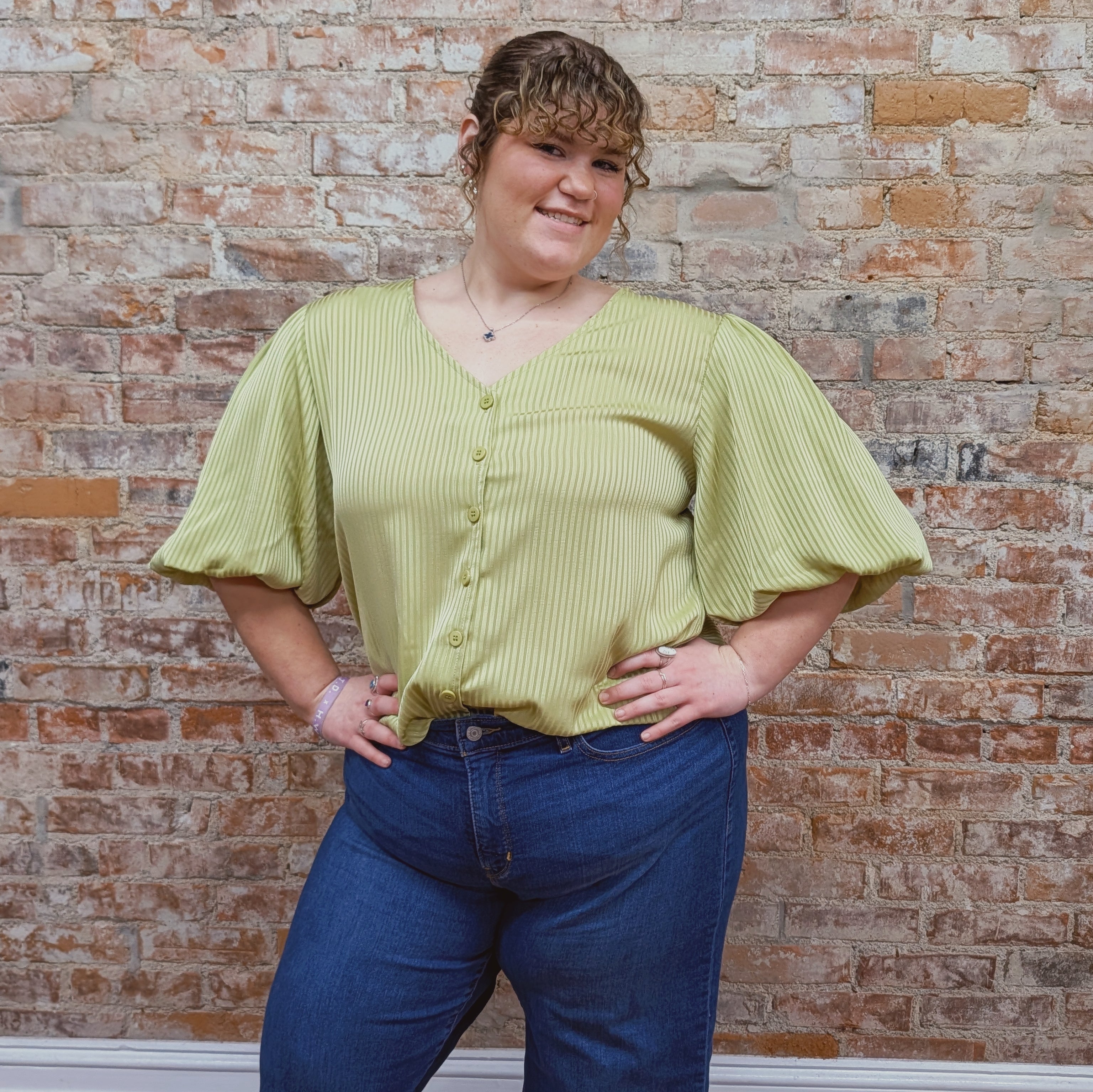 Light Sage Bubble Sleeve Blouse