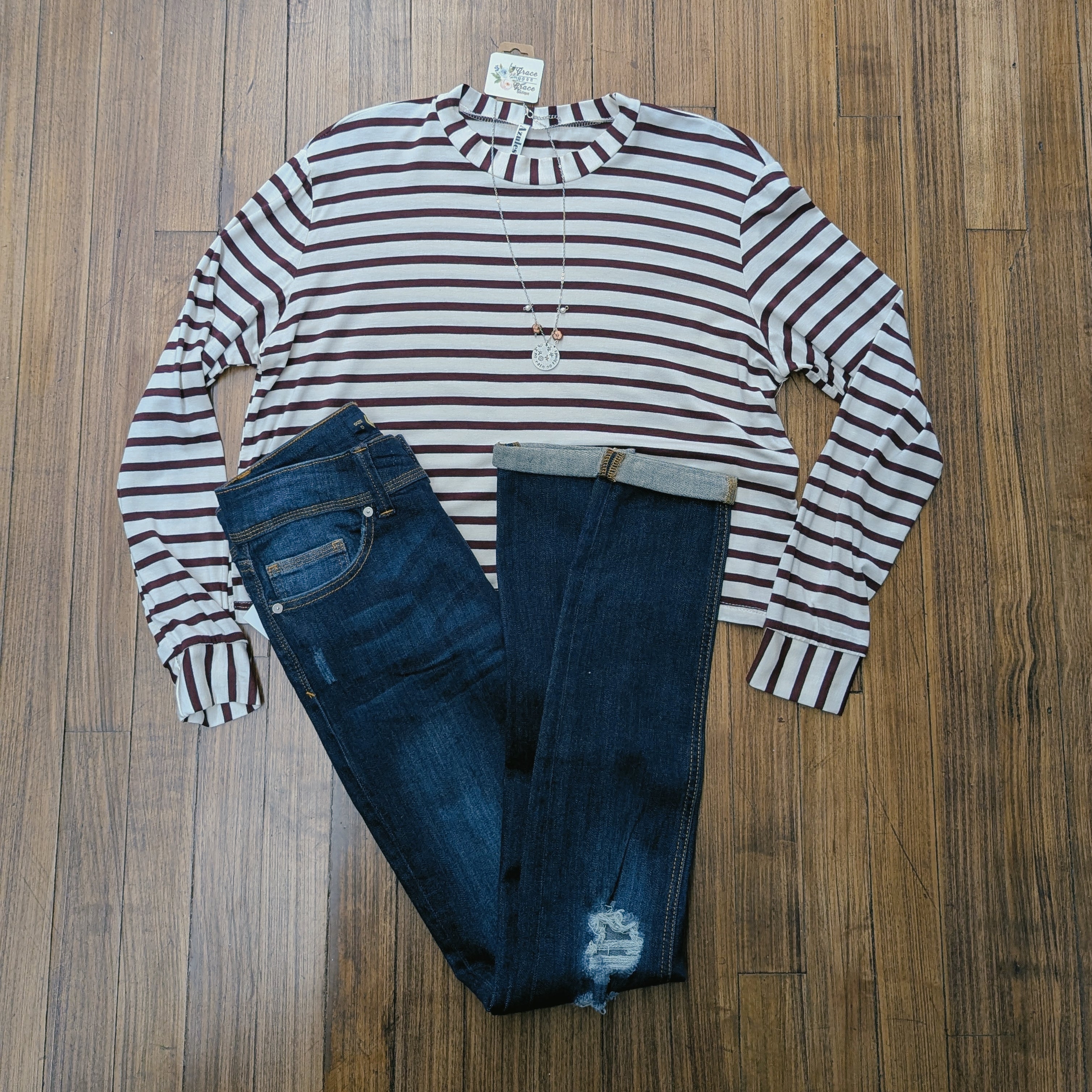 Wine Striped Mock Turtle Neck Top