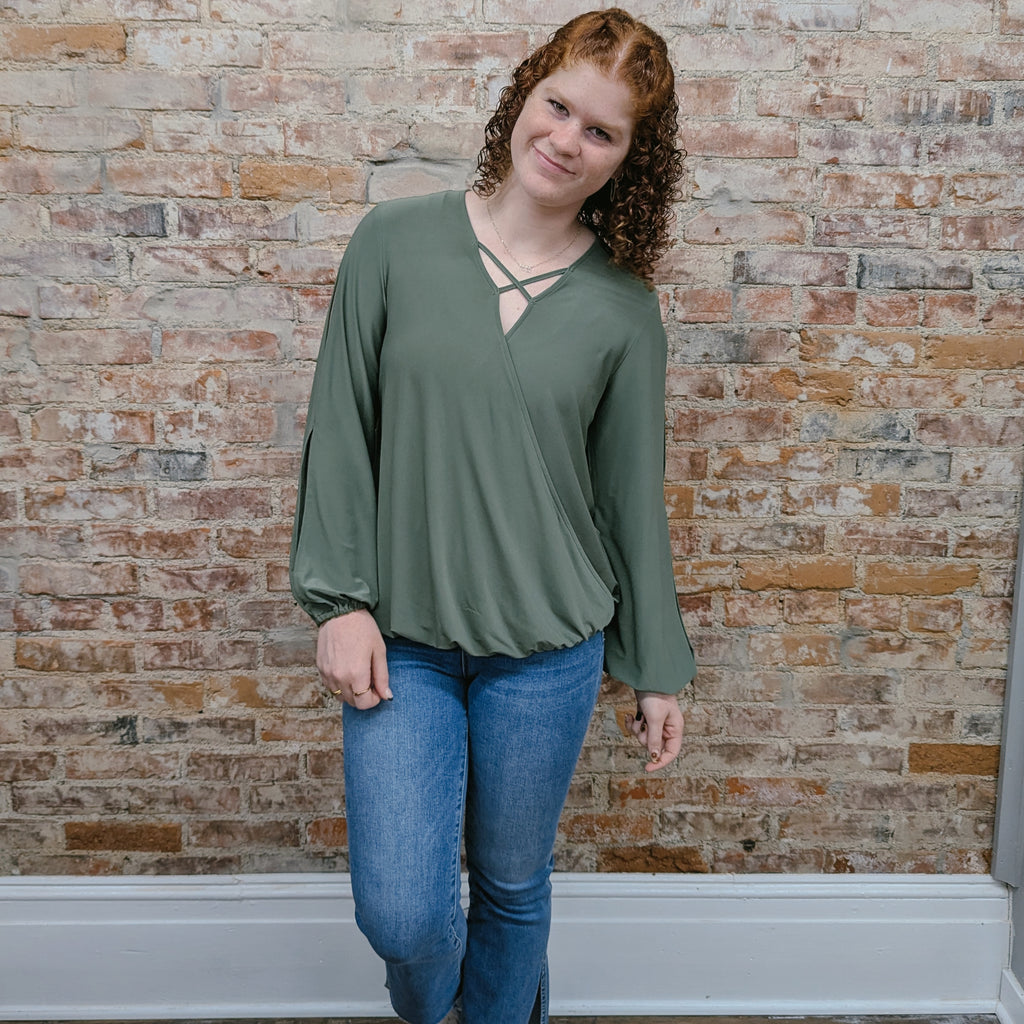 Olive Criss Cross Open Sleeve Blouse