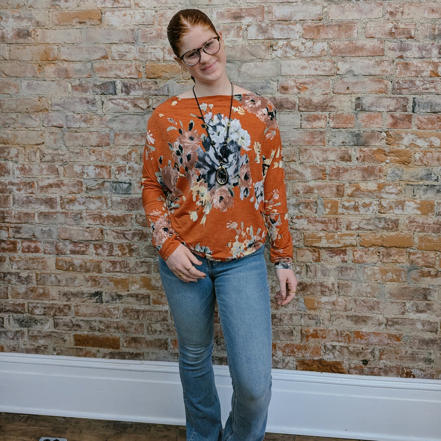 Orange Floral Long Sleeve Top