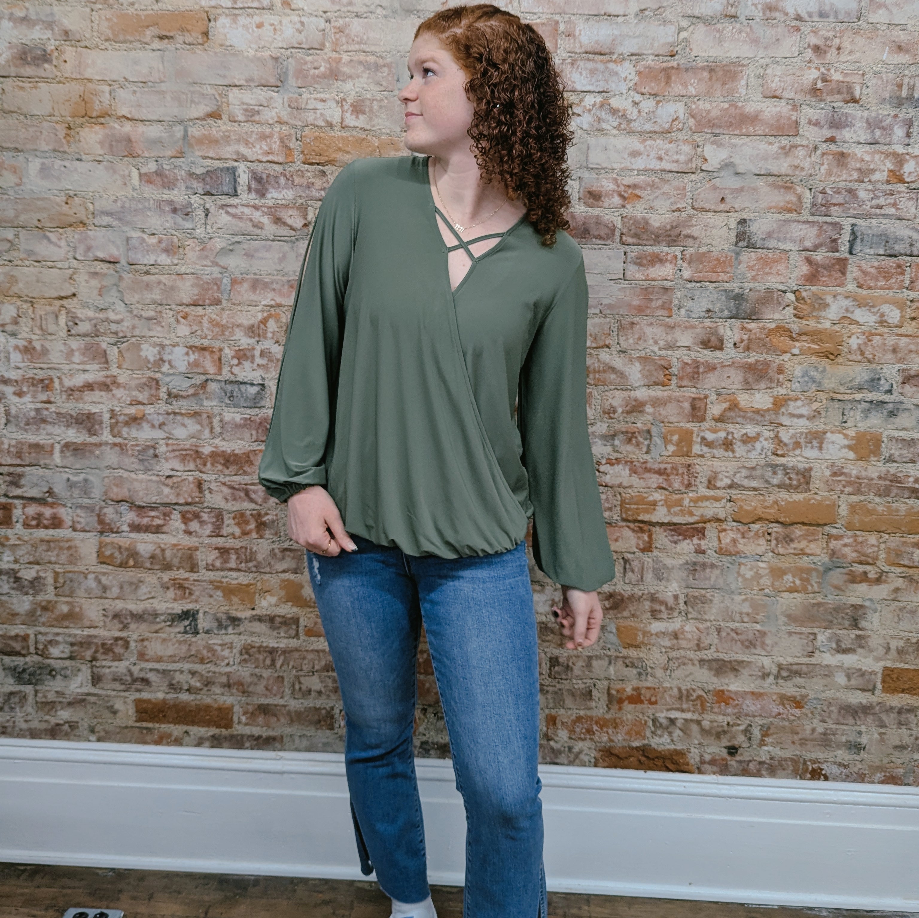 Olive Criss Cross Open Sleeve Blouse