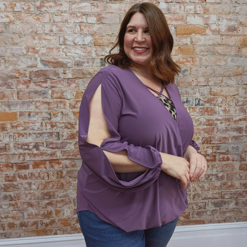Purple Criss Cross Open Sleeve Blouse