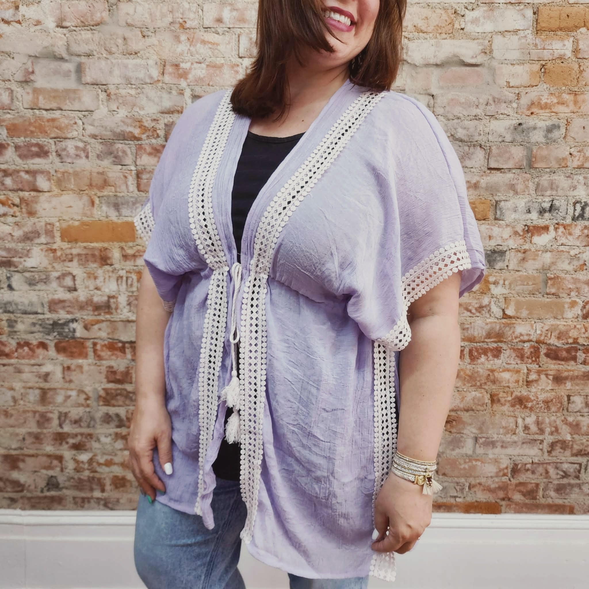 Crochet Trim Lavender Kimono