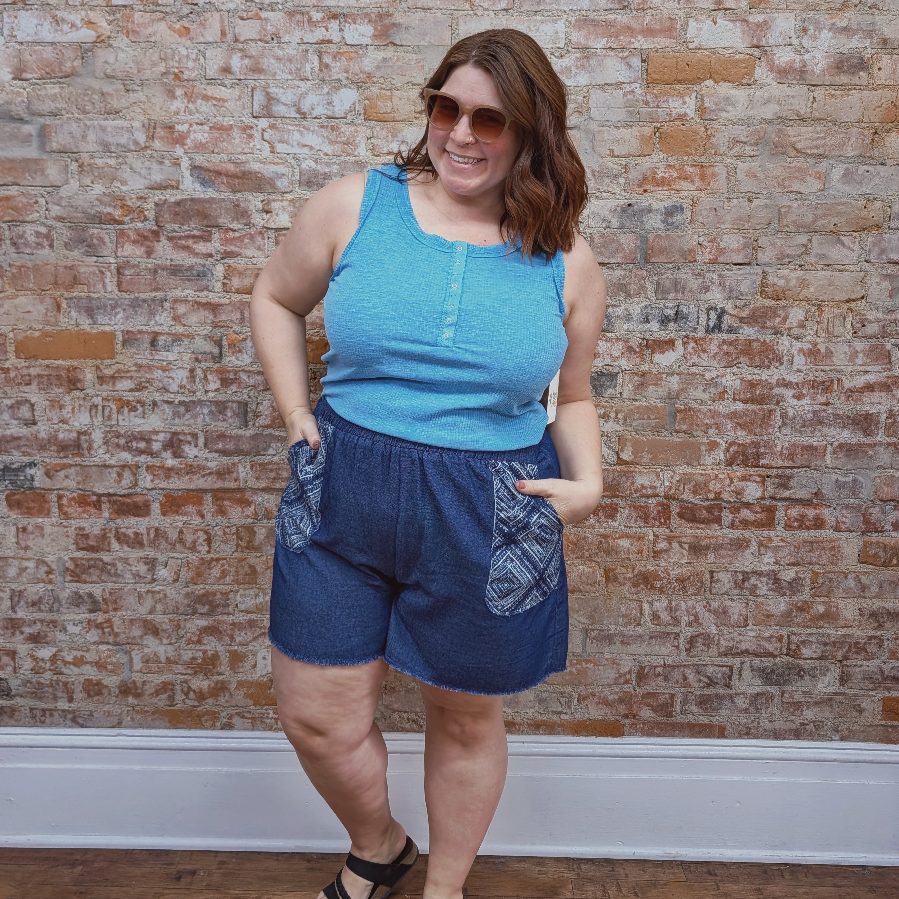 Patchwork Pockets Chambray Shorts