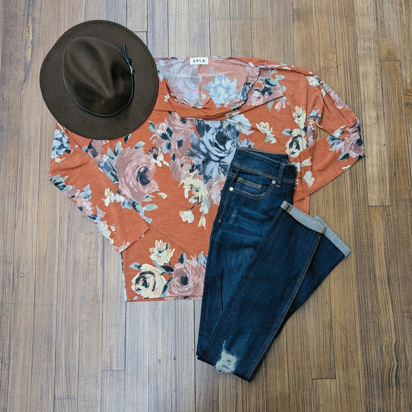 Orange Floral Long Sleeve Top
