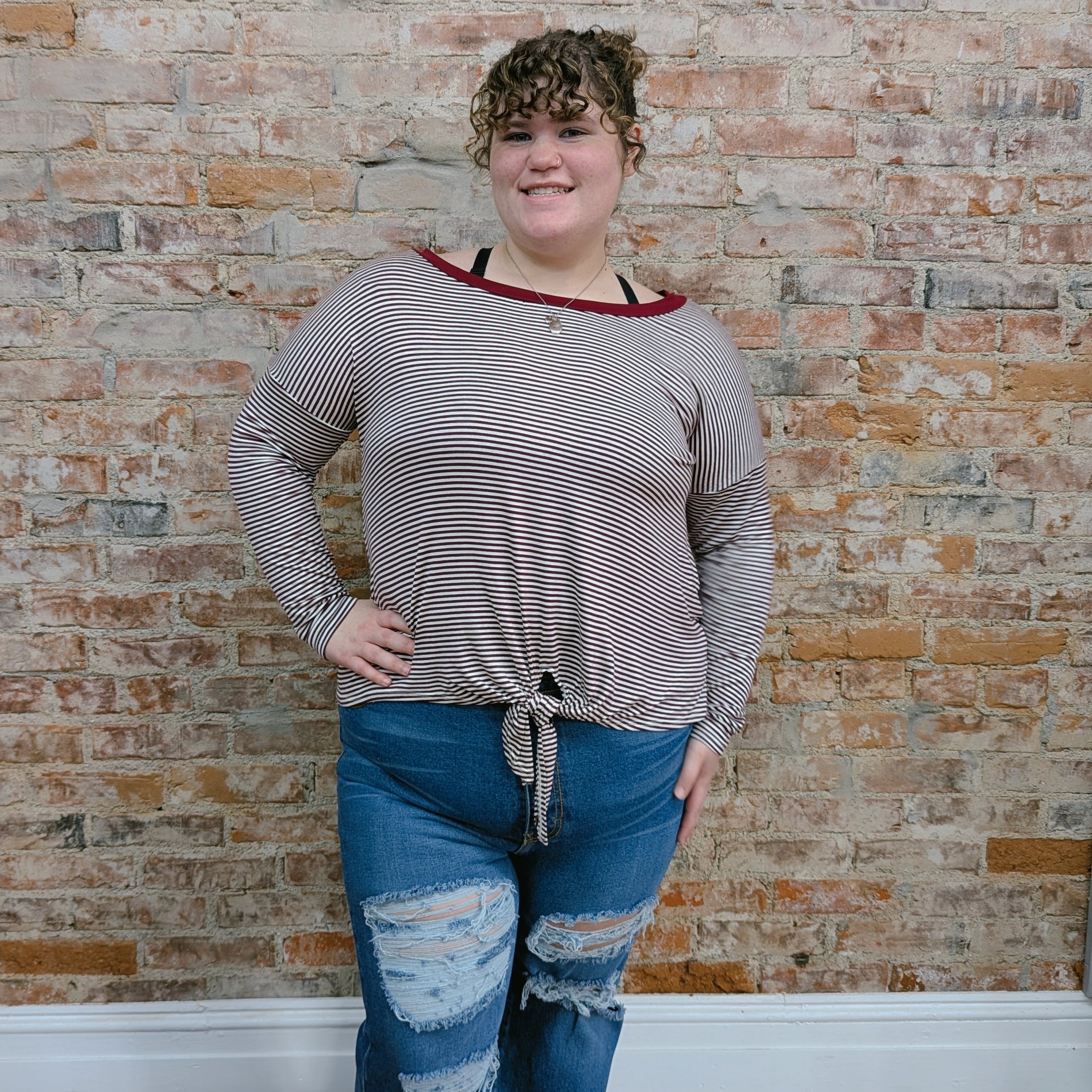 Burgundy Striped Tie Top