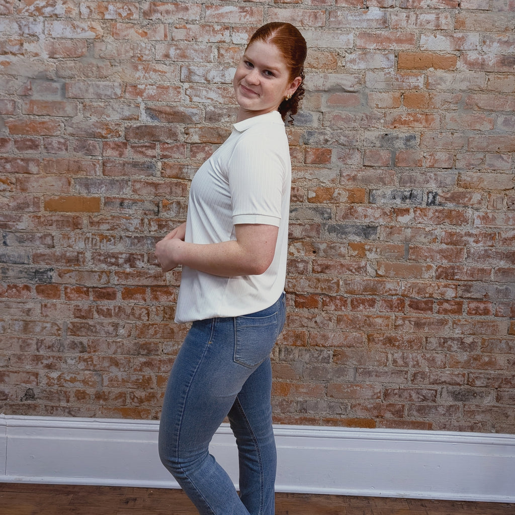 White Knit Polo Top