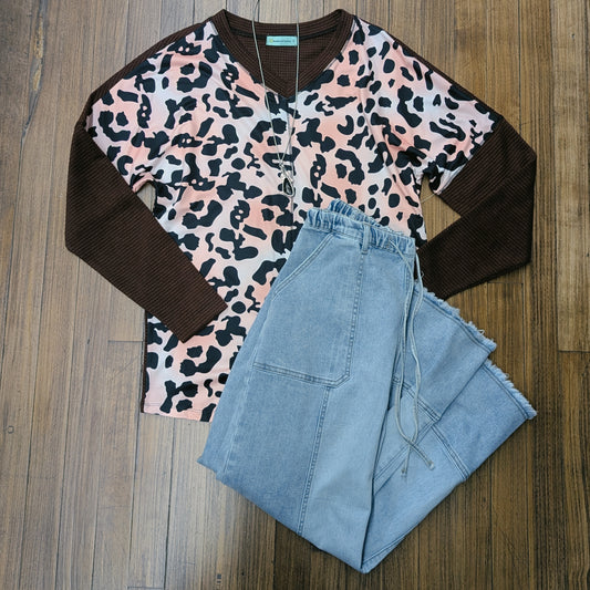Waffle Knit Animal Print Top